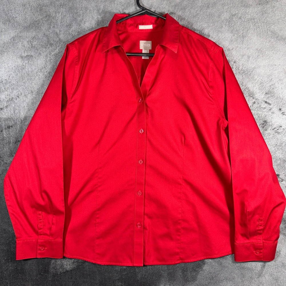 Chicos Red Long Sleeve Button Down Shirt Wrinkle Resistant Cotton Size 3 XL